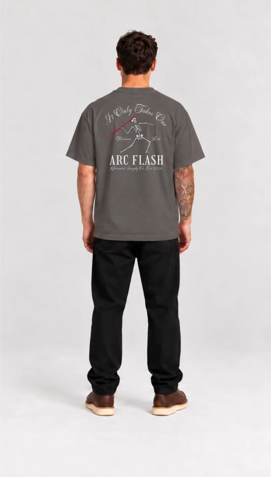 Model wearing the Arc Flash heavyweight tee, back view